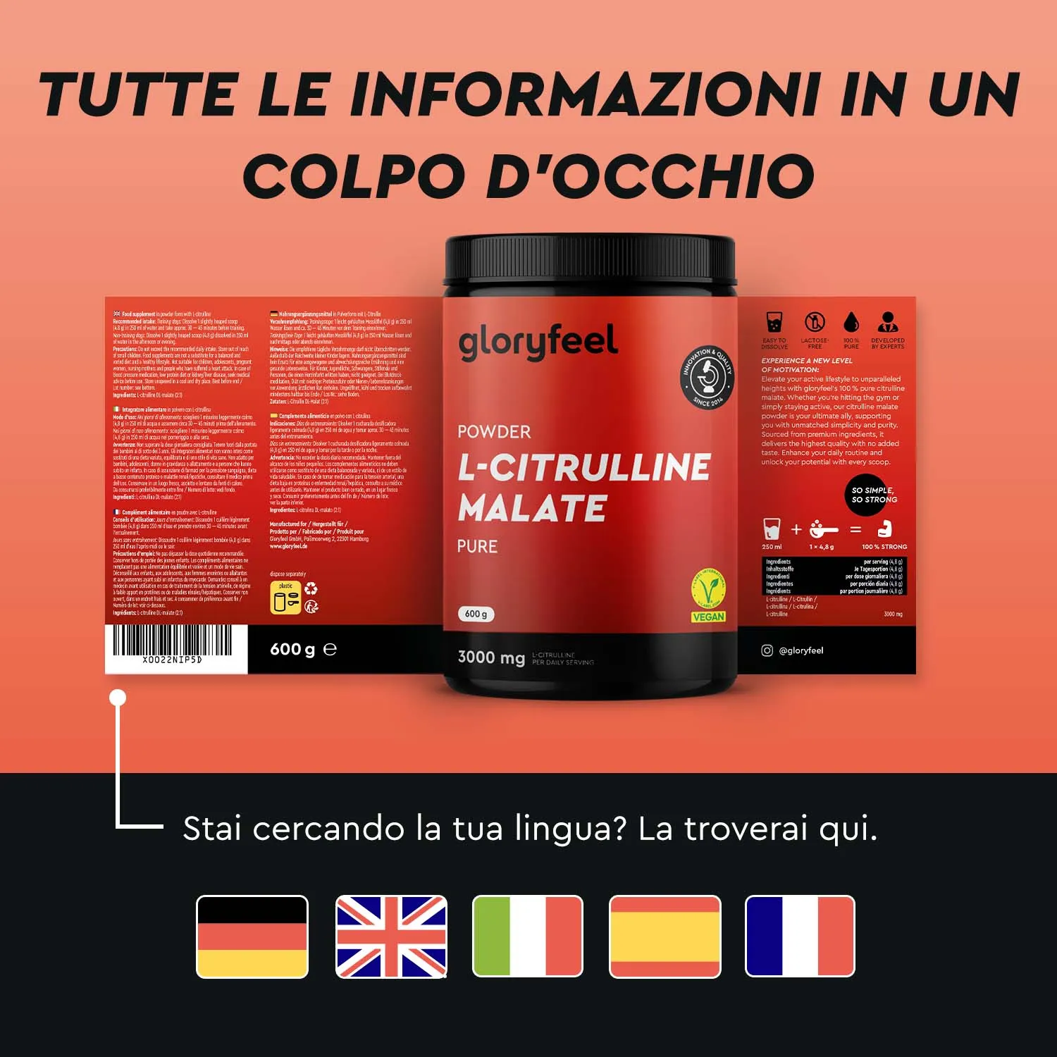 gloryfeel L-Citrullina in Polvere Malato senza glutine