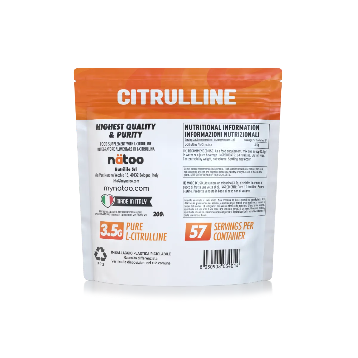 Natoo Performance Citrullina Polvere Integratore 200g Micronizzata