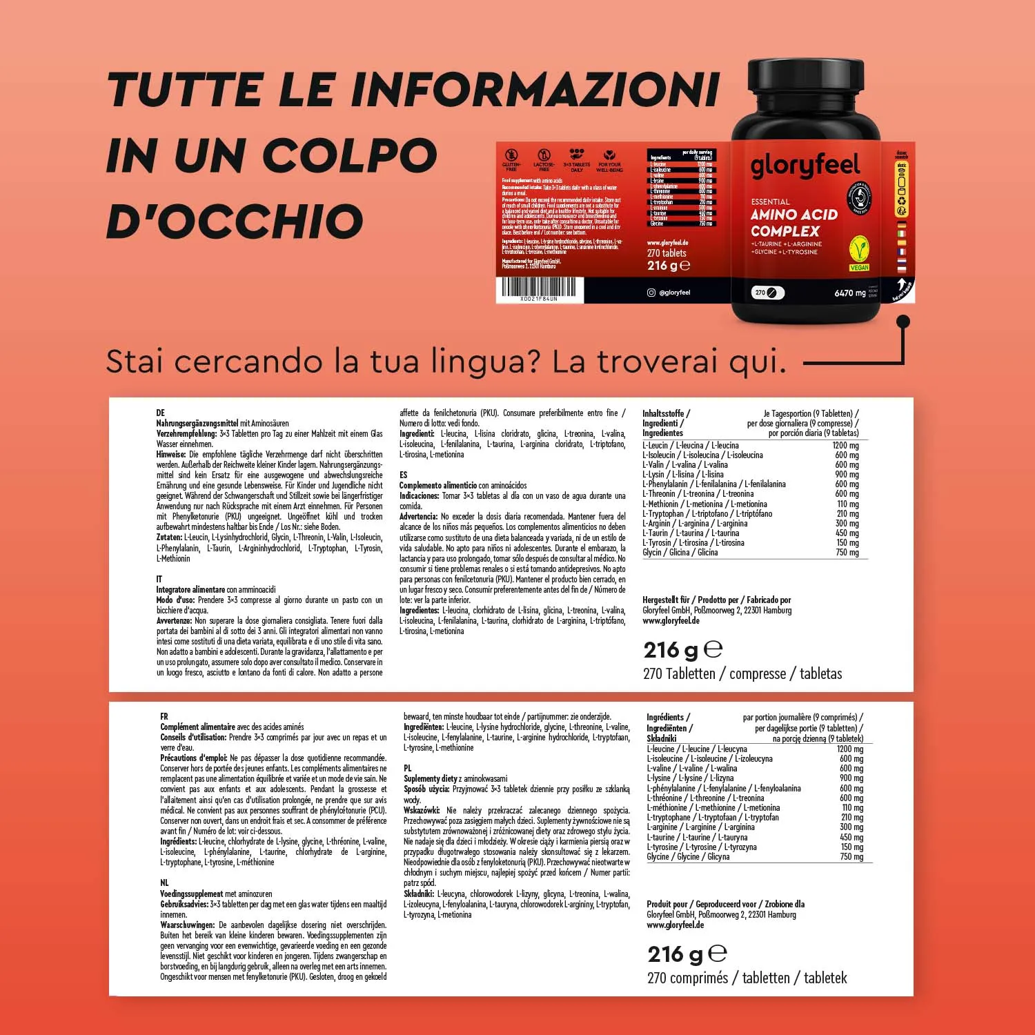 gloryfeel Aminoacidi Complex integratore essenziali con taurina