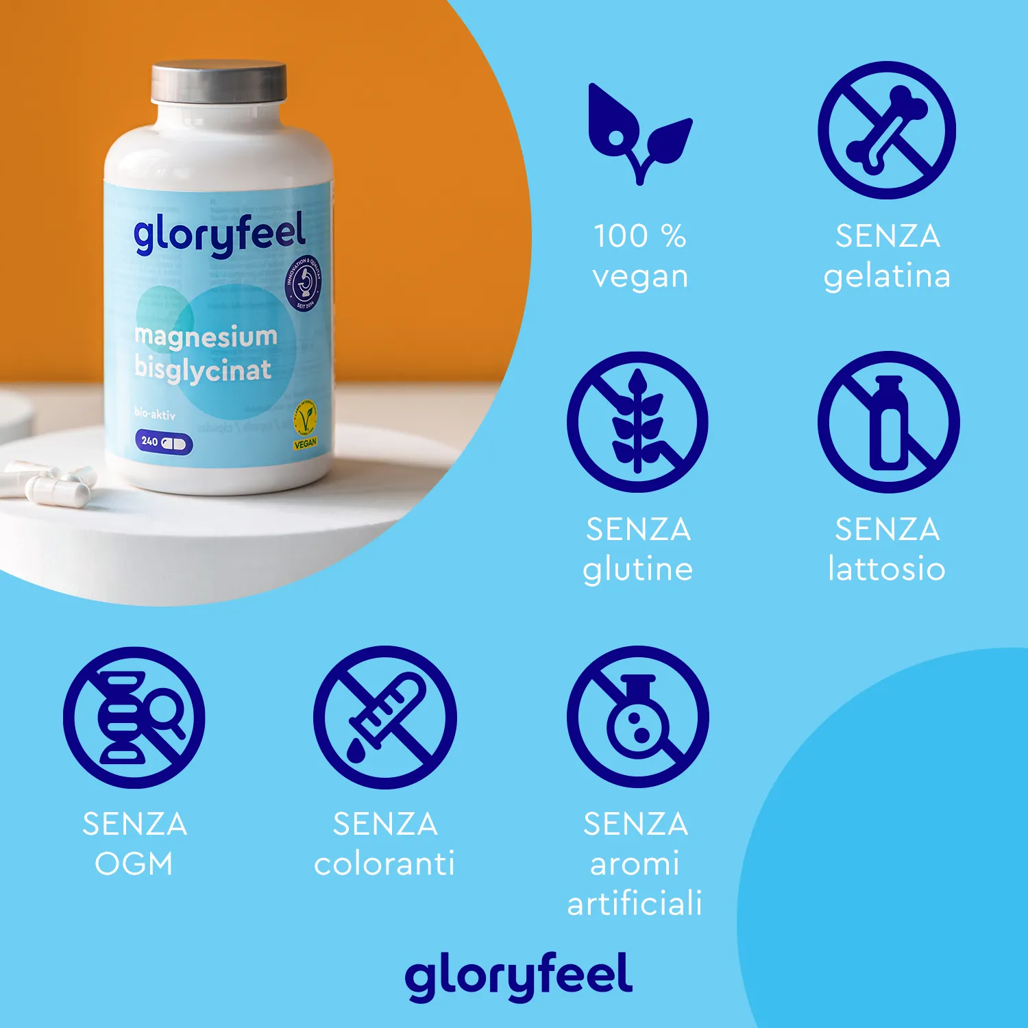 gloryfeel Bisglicinato di Magnesio capsule vegane senza glutine