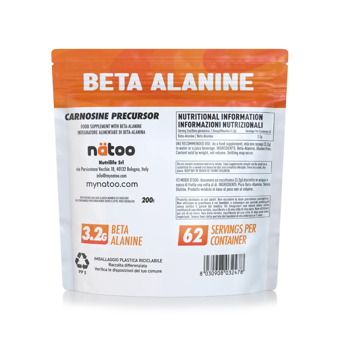 NATOO Performance Beta-Alanina polvere 200 g neutra per resistenza