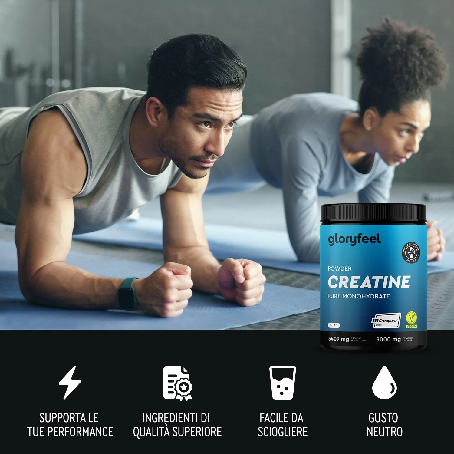 gloryfeel Creatina Creapure polvere monoidrato pura senza lattosio