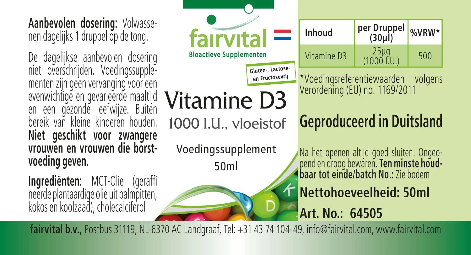 Fairvital Vitamina D3 gocce 50 ml 1000 UI olio MCT