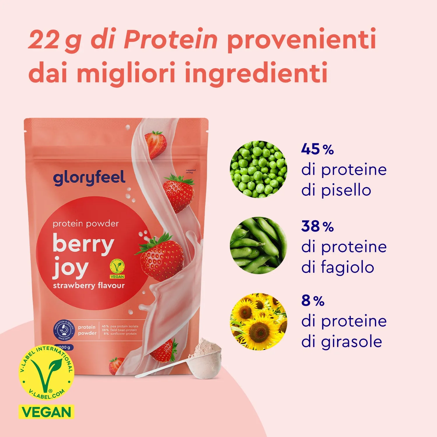 gloryfeel Berry Joy proteine fragola vegane in polvere
