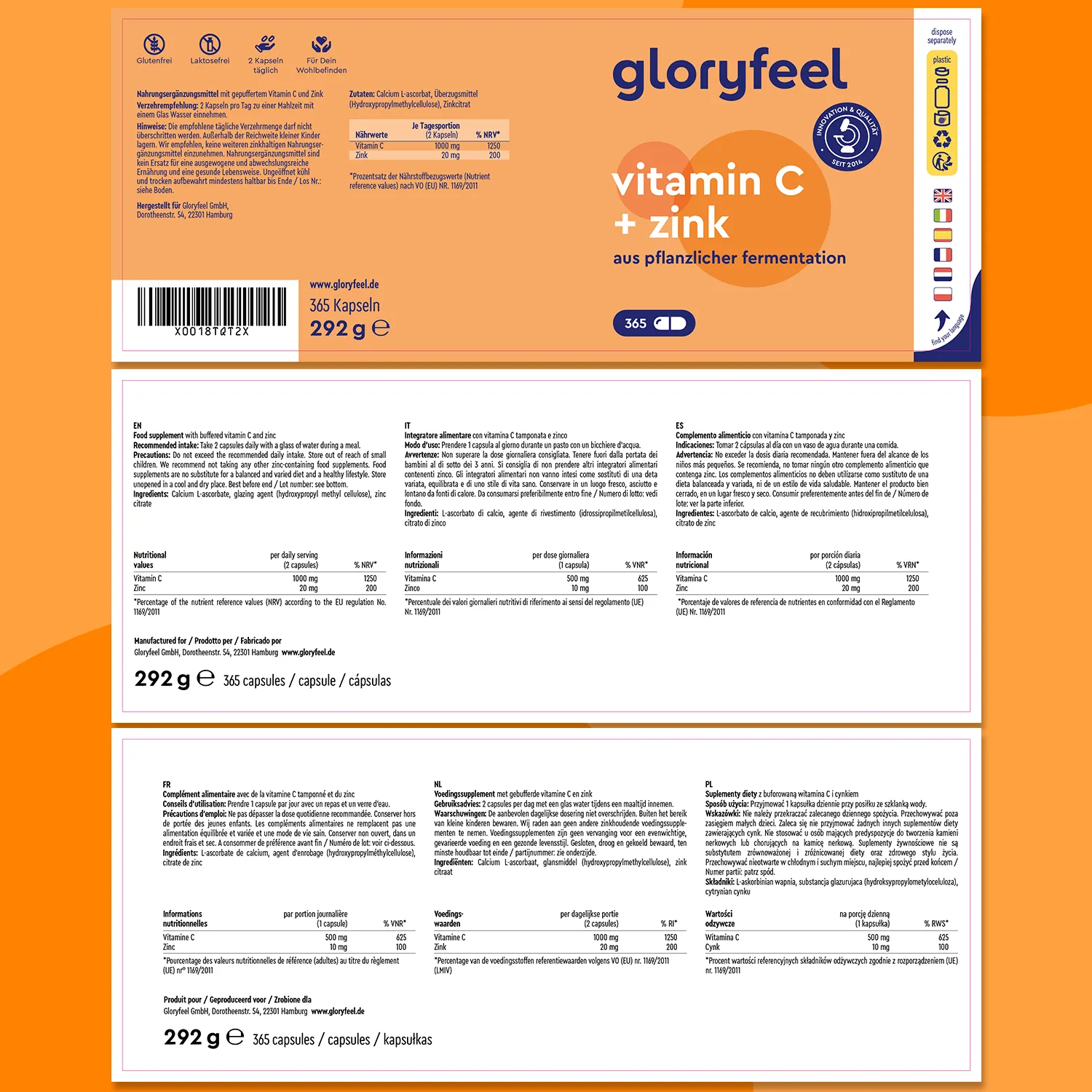 Gloryfeel Vitamina C + Zinco capsule 365 pezzi difese immunitarie