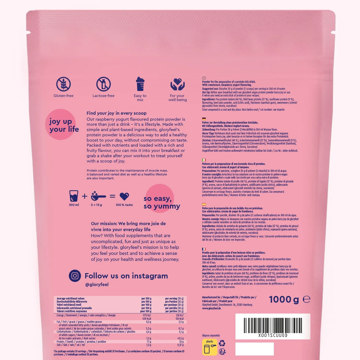 gloryfeel Berry Joy proteine polvere vegane 22 g frutti rossi