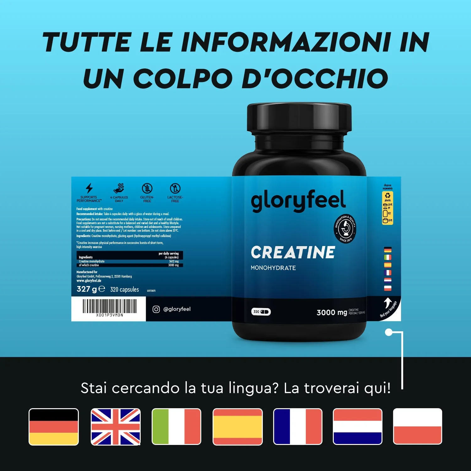Gloryfeel Creatina 3000mg capsule monoidrato vegane