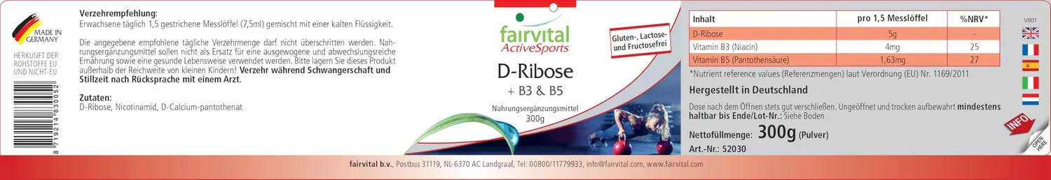 Fairvital D-Ribosio Polvere 300 g con B3 e B5 vegano