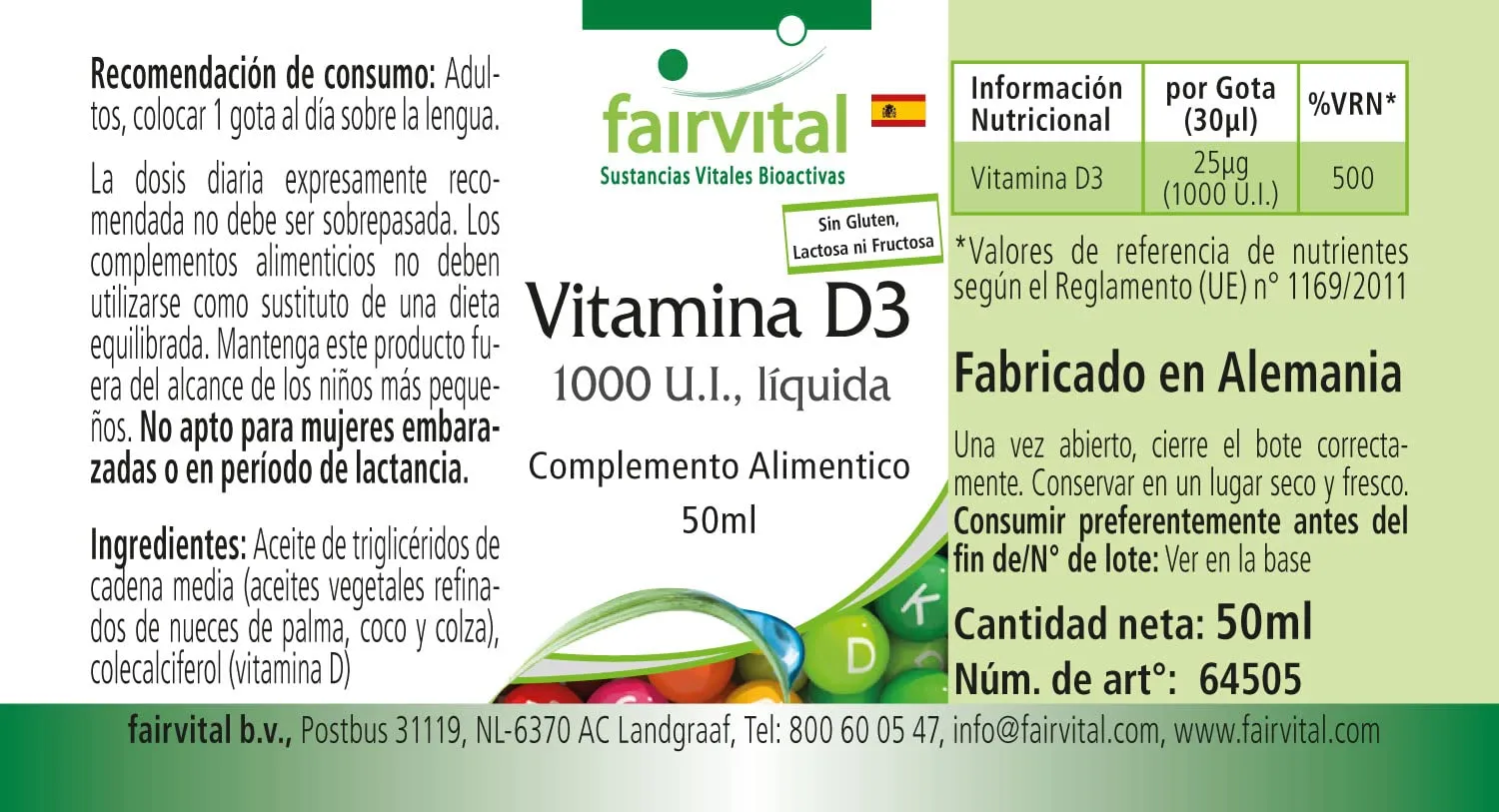 Fairvital Vitamina D3 gocce 50 ml 1000 UI olio MCT