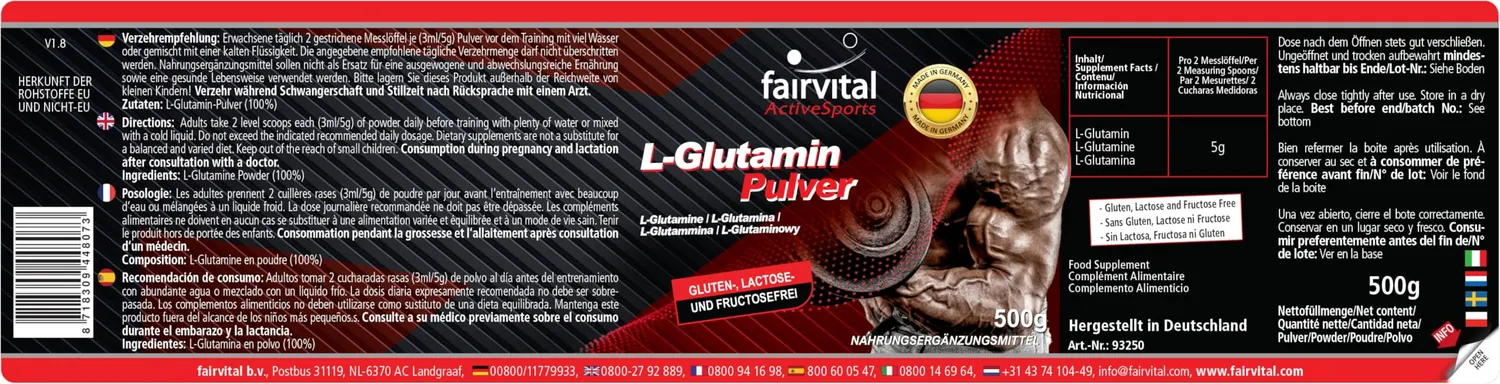 Fairvital L-Glutammina Polvere 500 g Vegana Alto Dosaggio