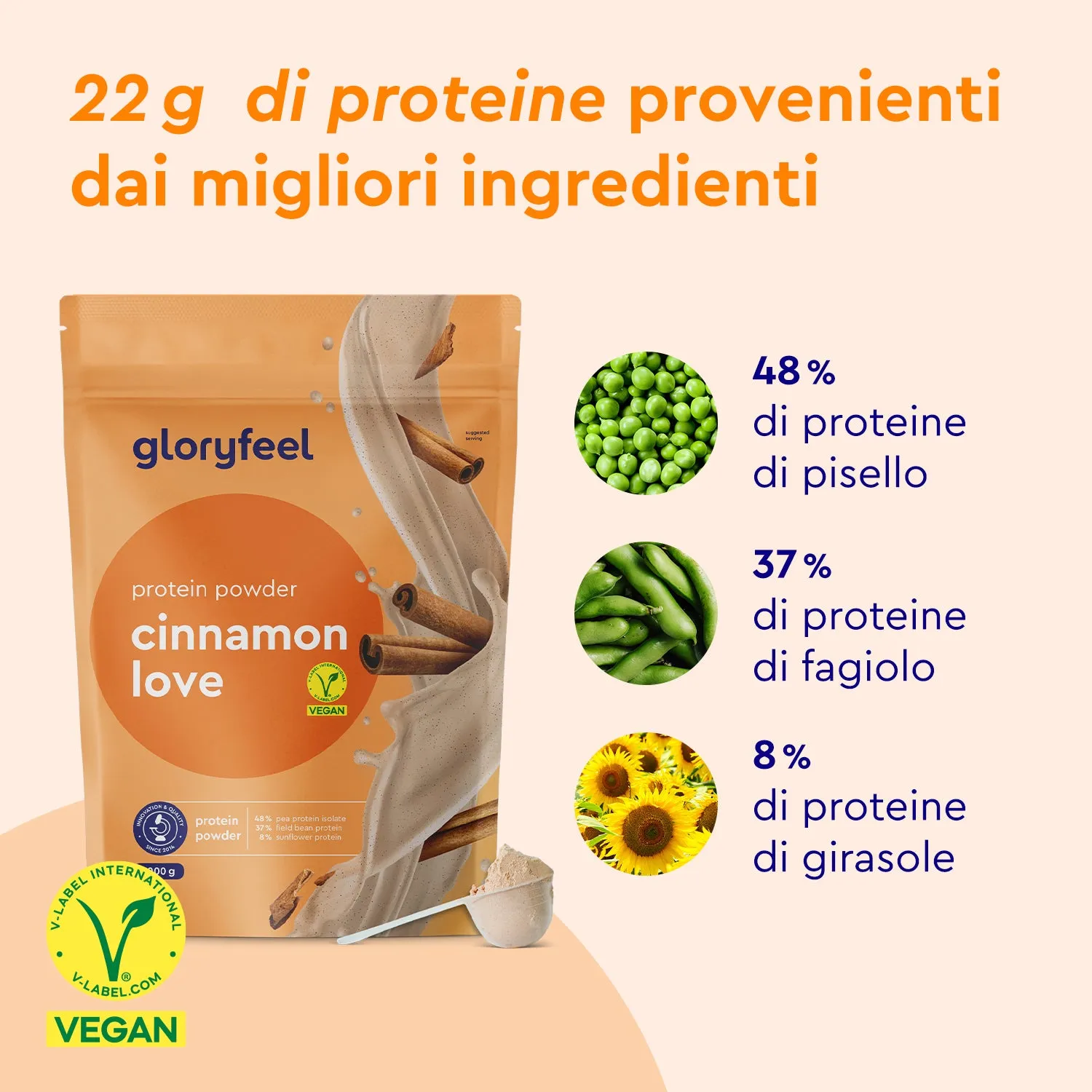 gloryfeel Proteine Vegane Cannella polvere 22g proteine
