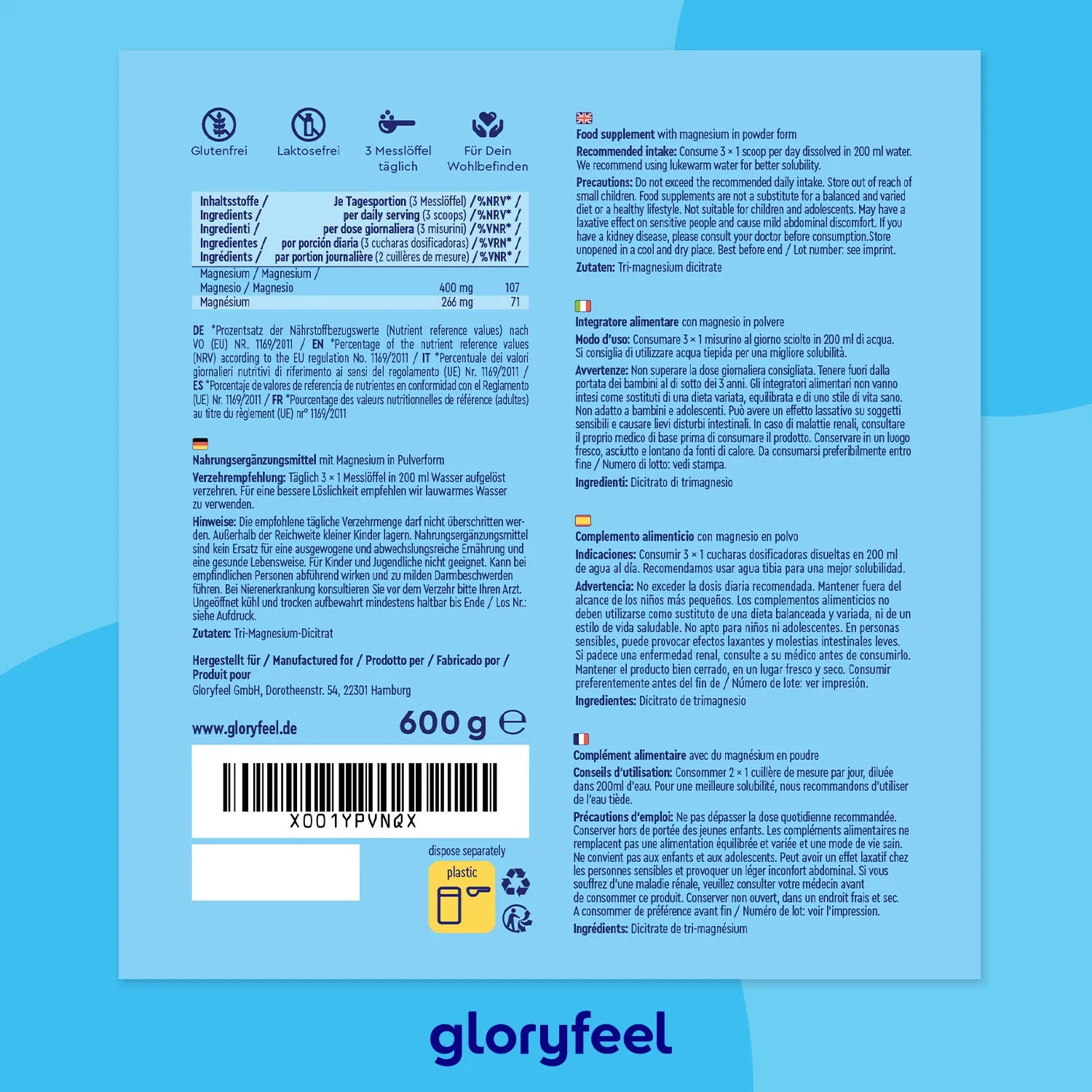 gloryfeel Magnesio Citrato polvere vegan dicitrato