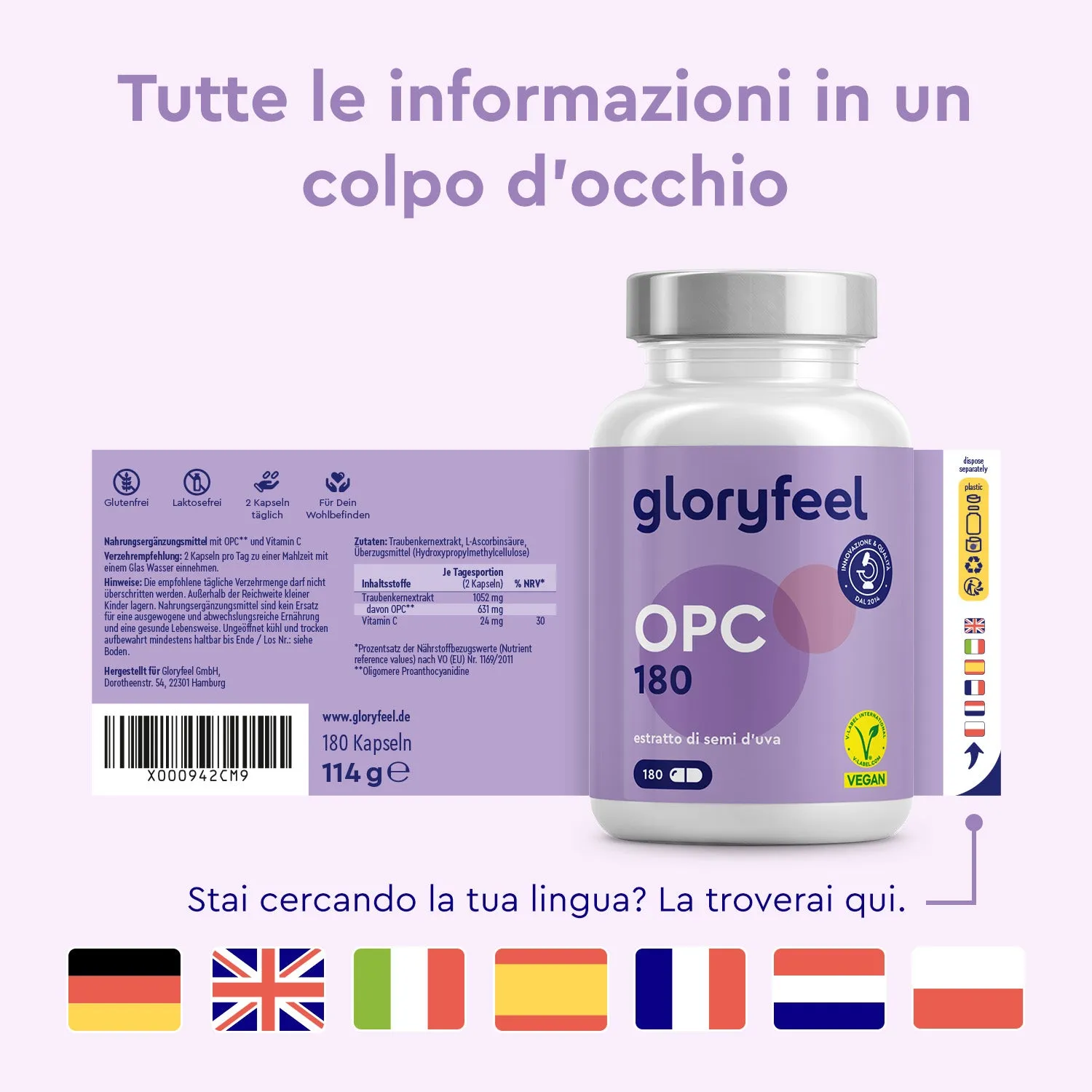 gloryfeel OPC 180 capsule 1000 mg con vitamina C