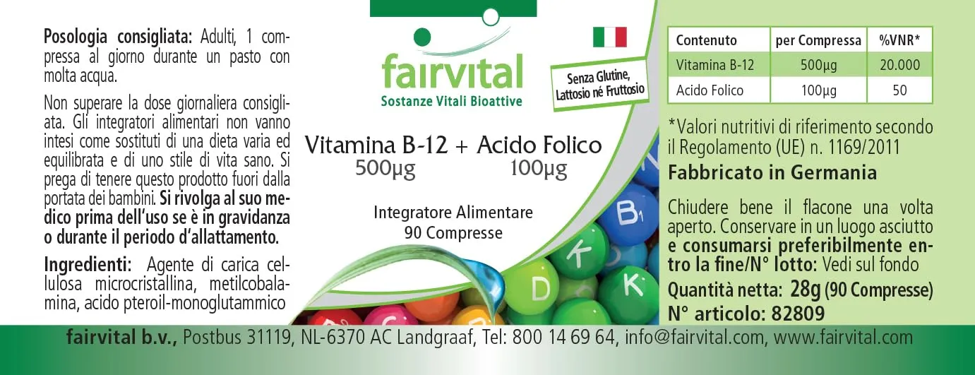 Fairvital Vitamina B12 500 mcg + Acido Folico compresse 90 pezzi
