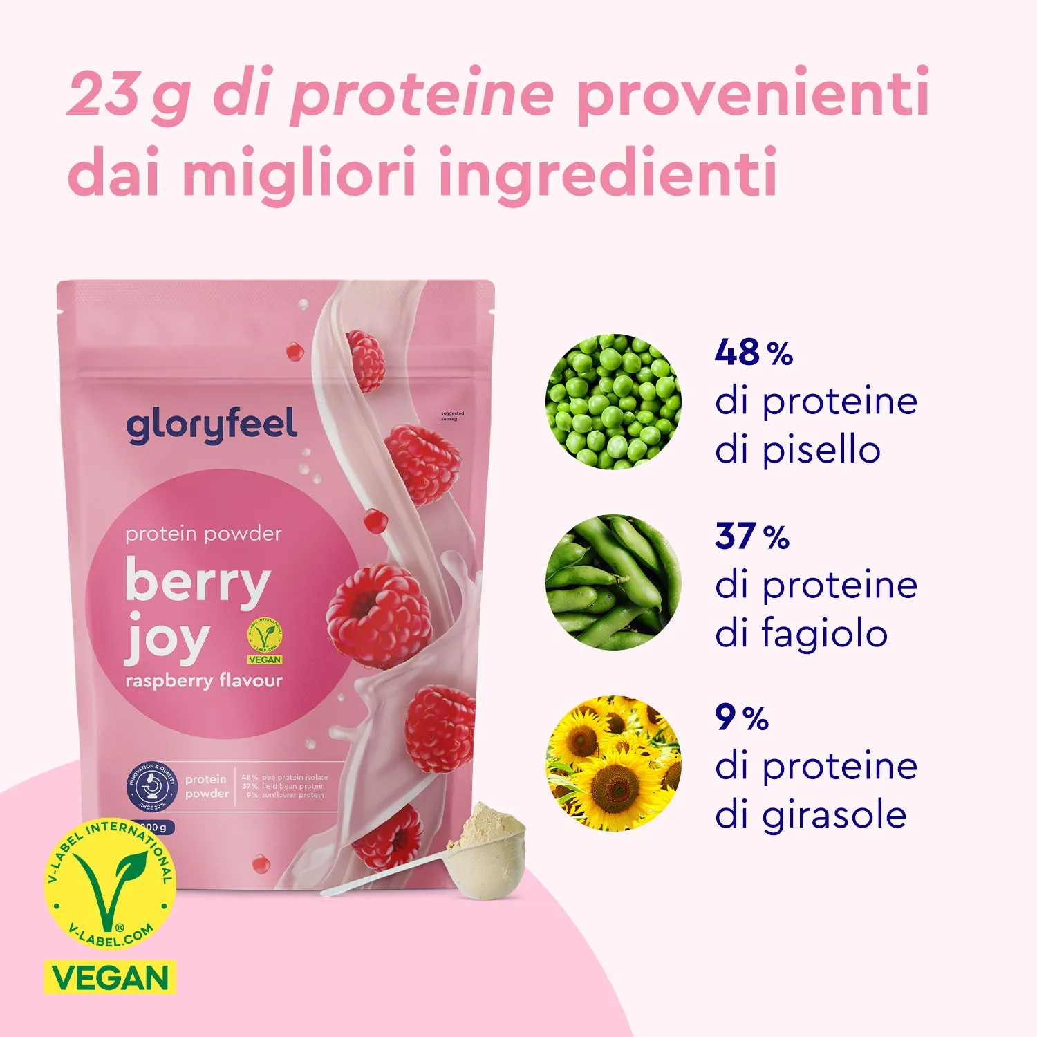gloryfeel Berry Joy proteine polvere vegane 22 g frutti rossi