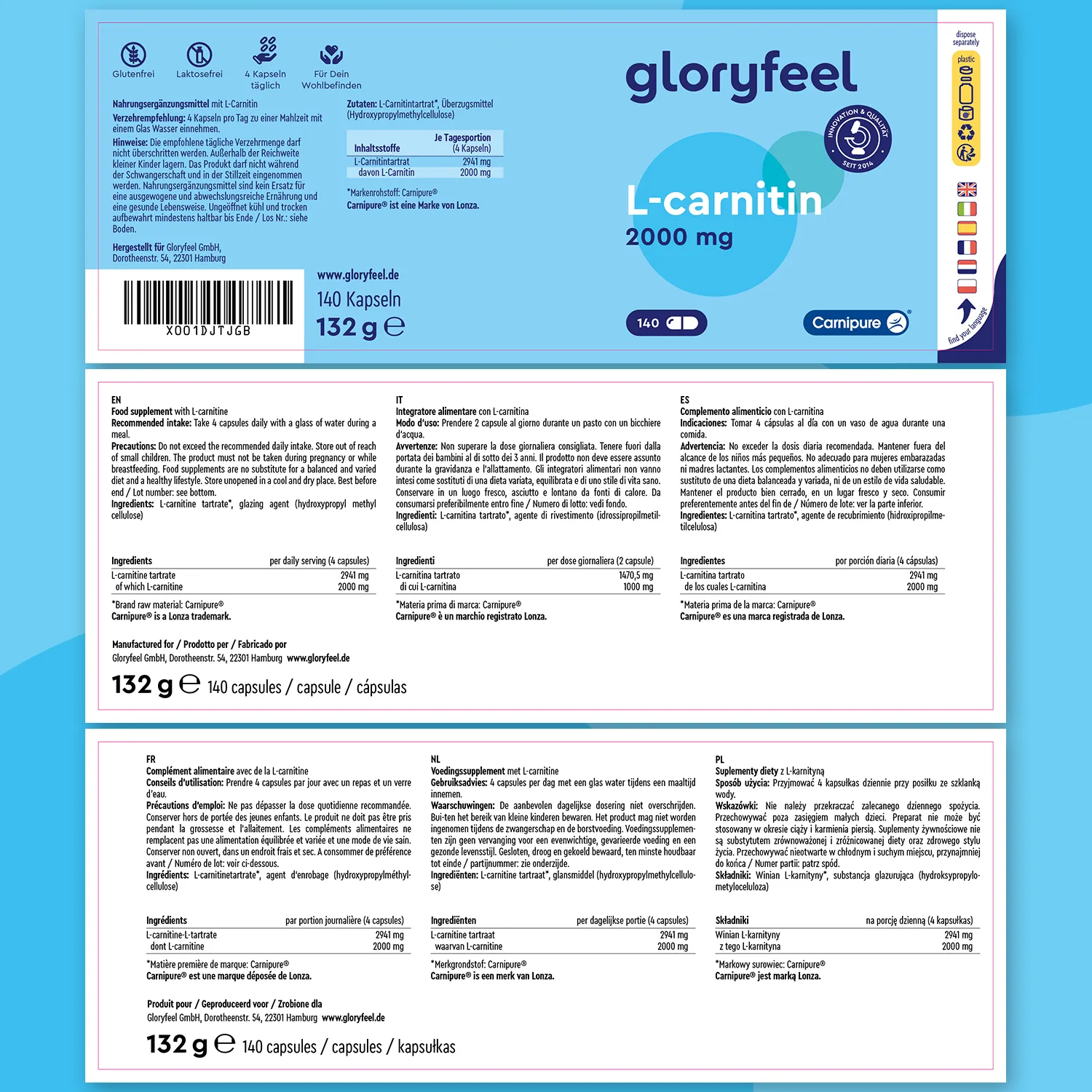 Gloryfeel L-Carnitina 1000mg capsule 140 capsule vegane
