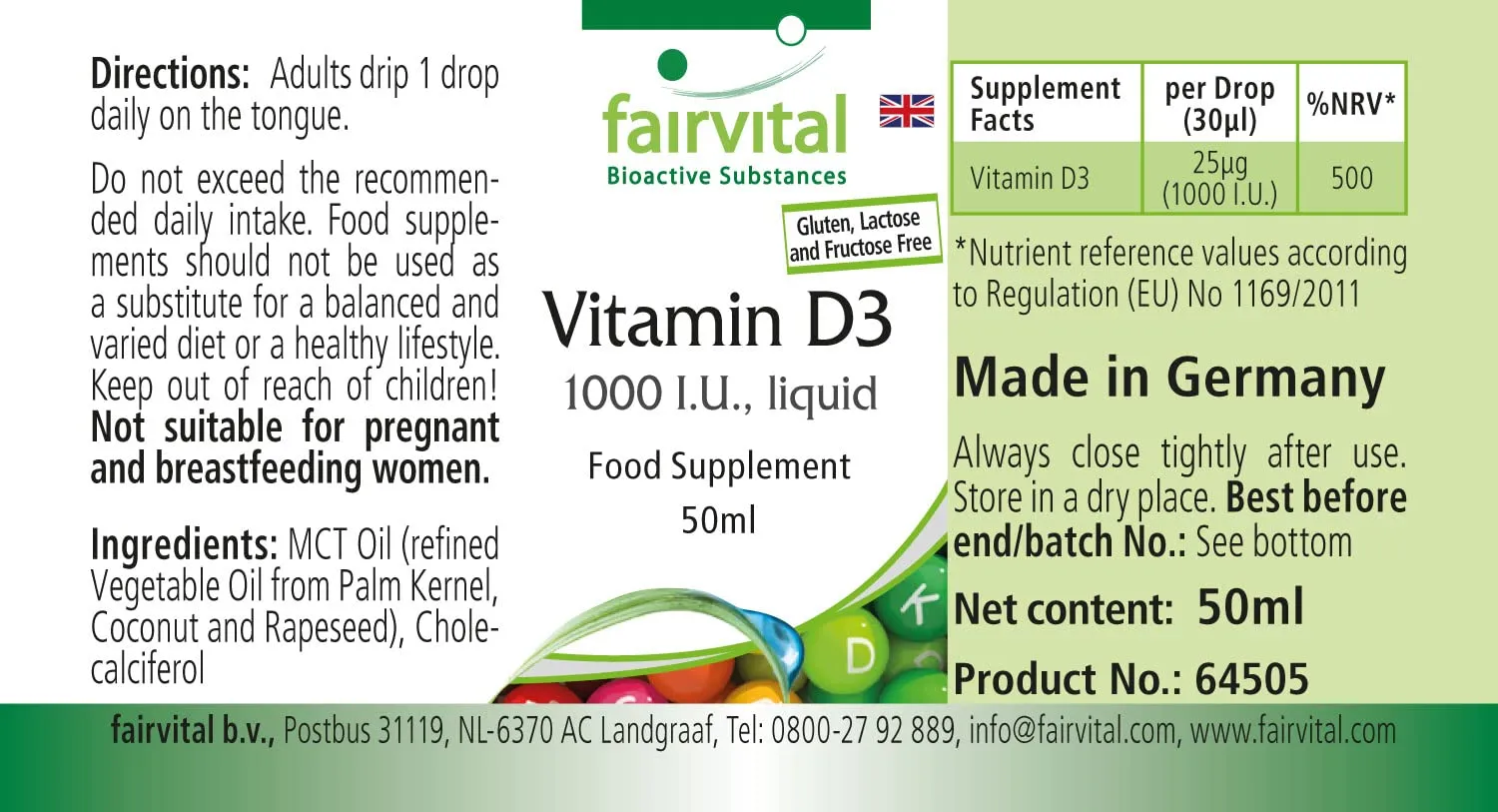 Fairvital Vitamina D3 gocce 50 ml 1000 UI olio MCT