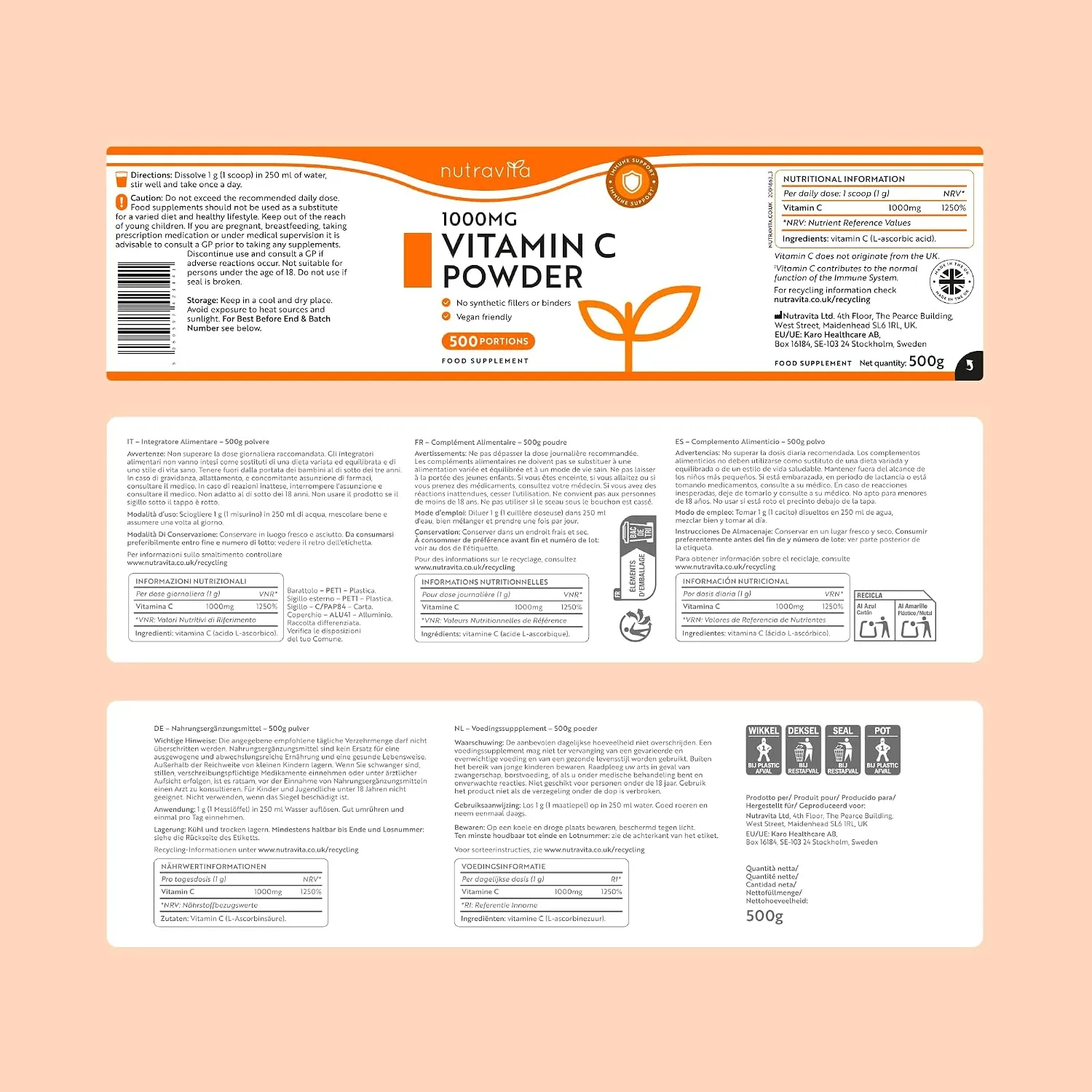 Nutravita Vitamina C 1000 mg Polvere 500 g 500 Porzioni