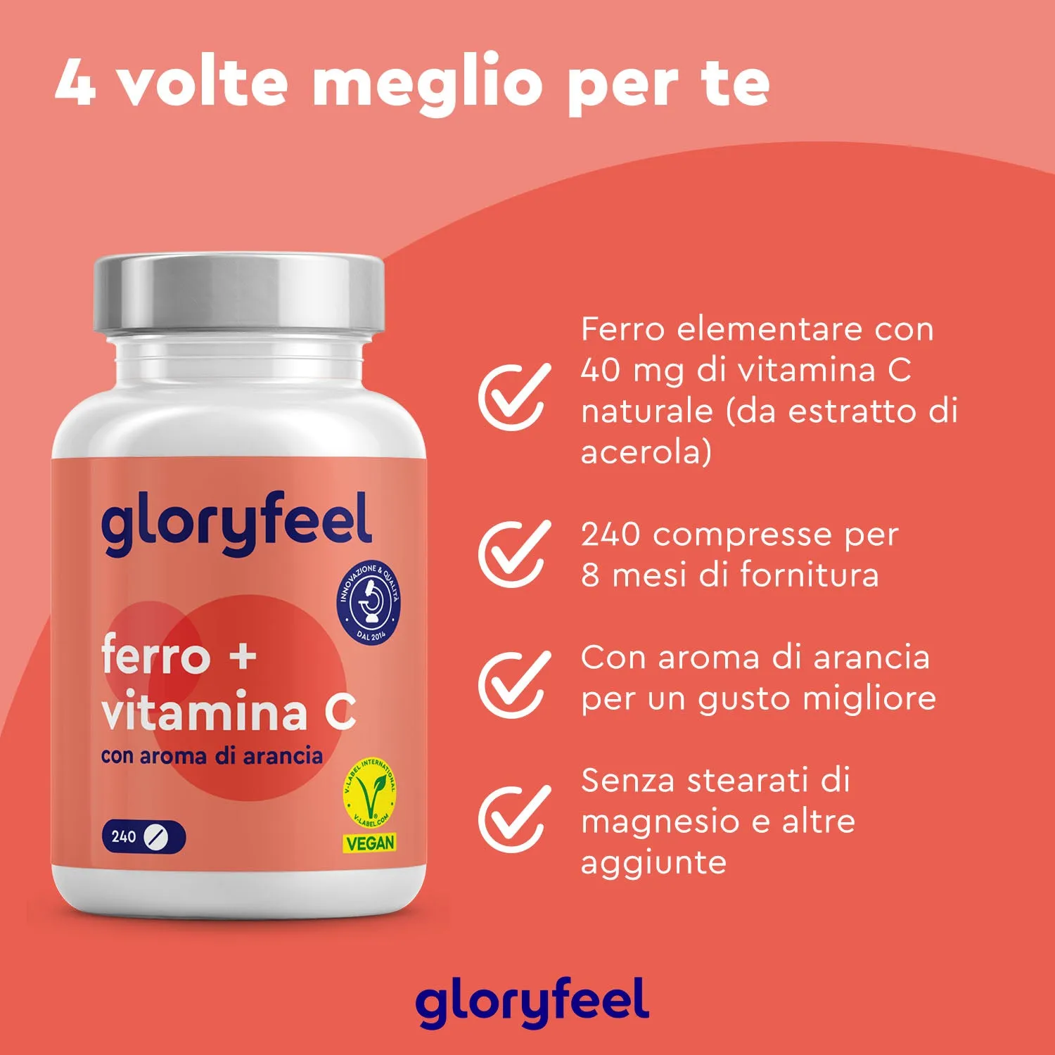 gloryfeel Ferro con Vitamina C integratore 240 compresse arancia