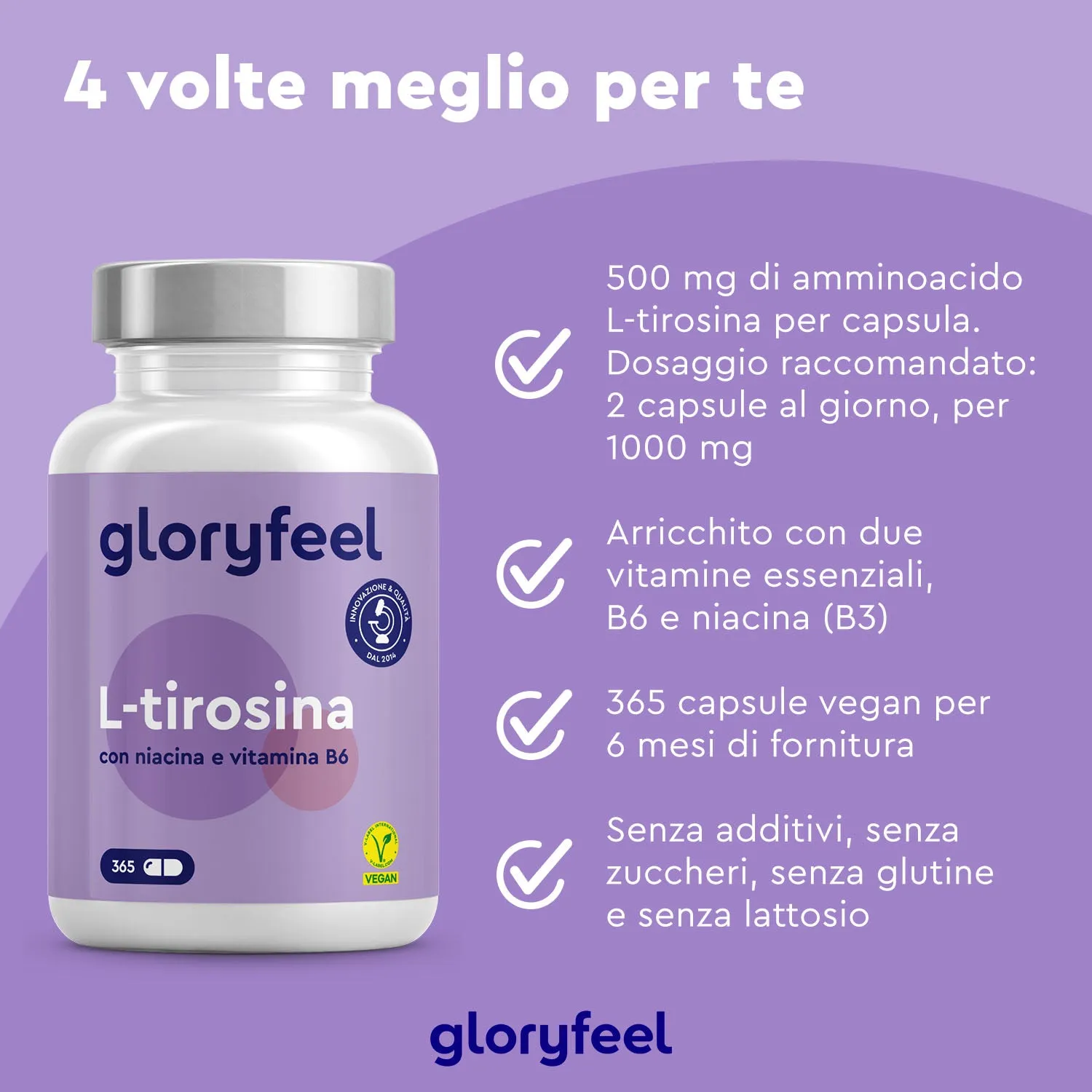 gloryfeel L-Tirosina Capsule 365pz focus B3 B12 vegan