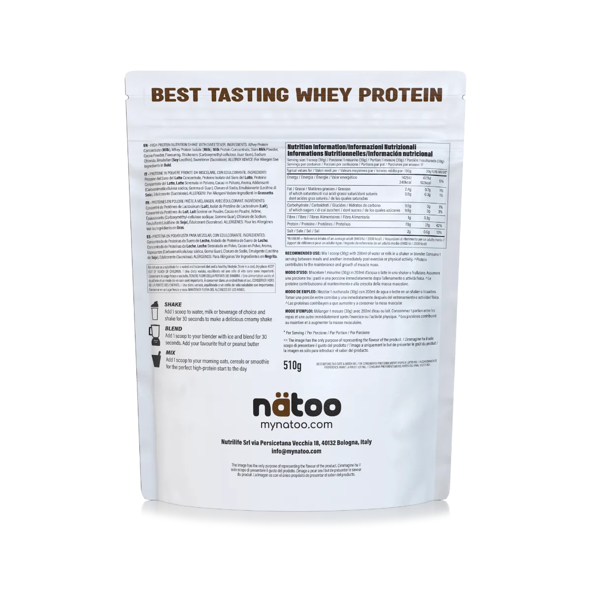 Natoo Performance Whey proteine 510g Belgian Chocolate grass-fed