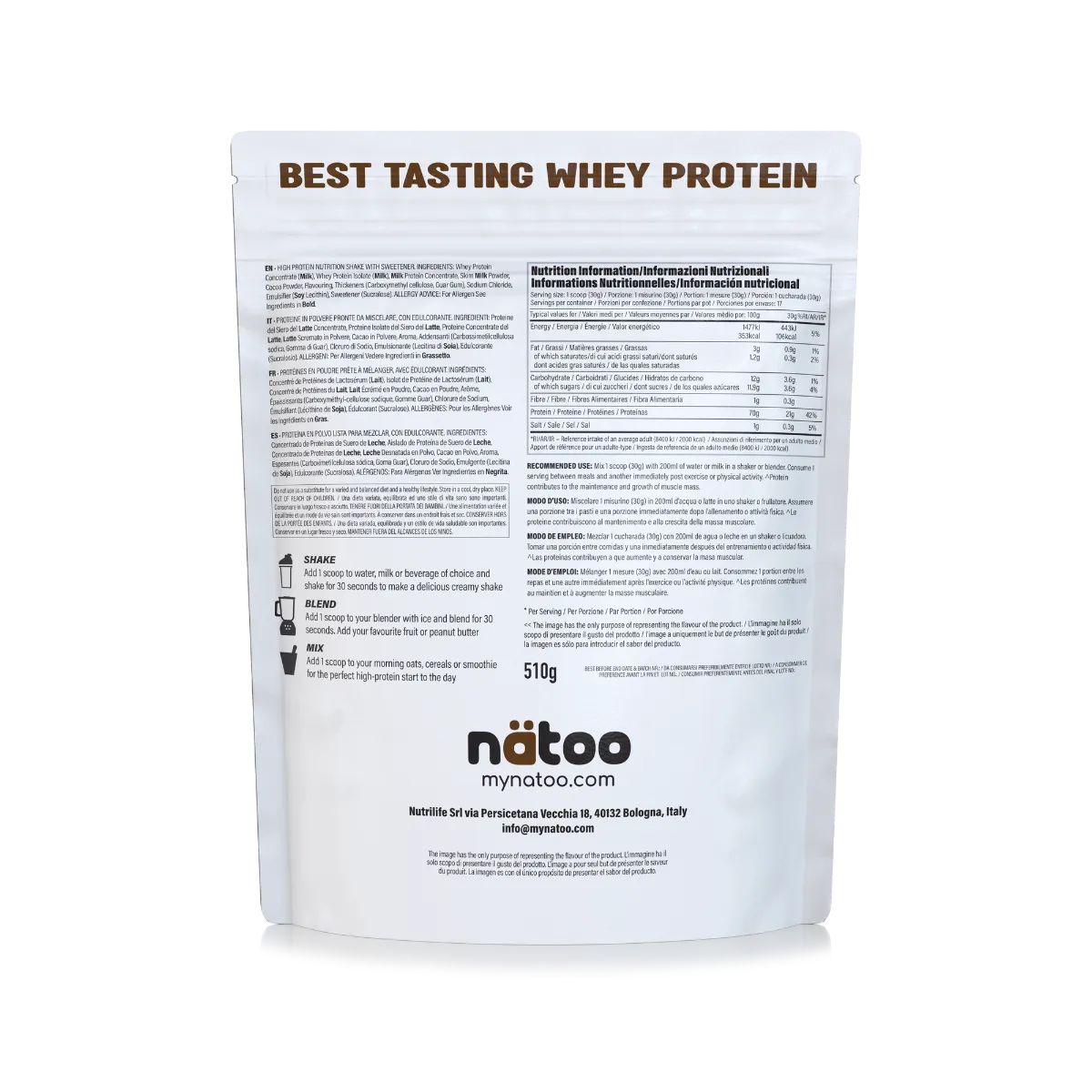 Natoo Performance Whey proteine 510g Belgian Chocolate grass-fed