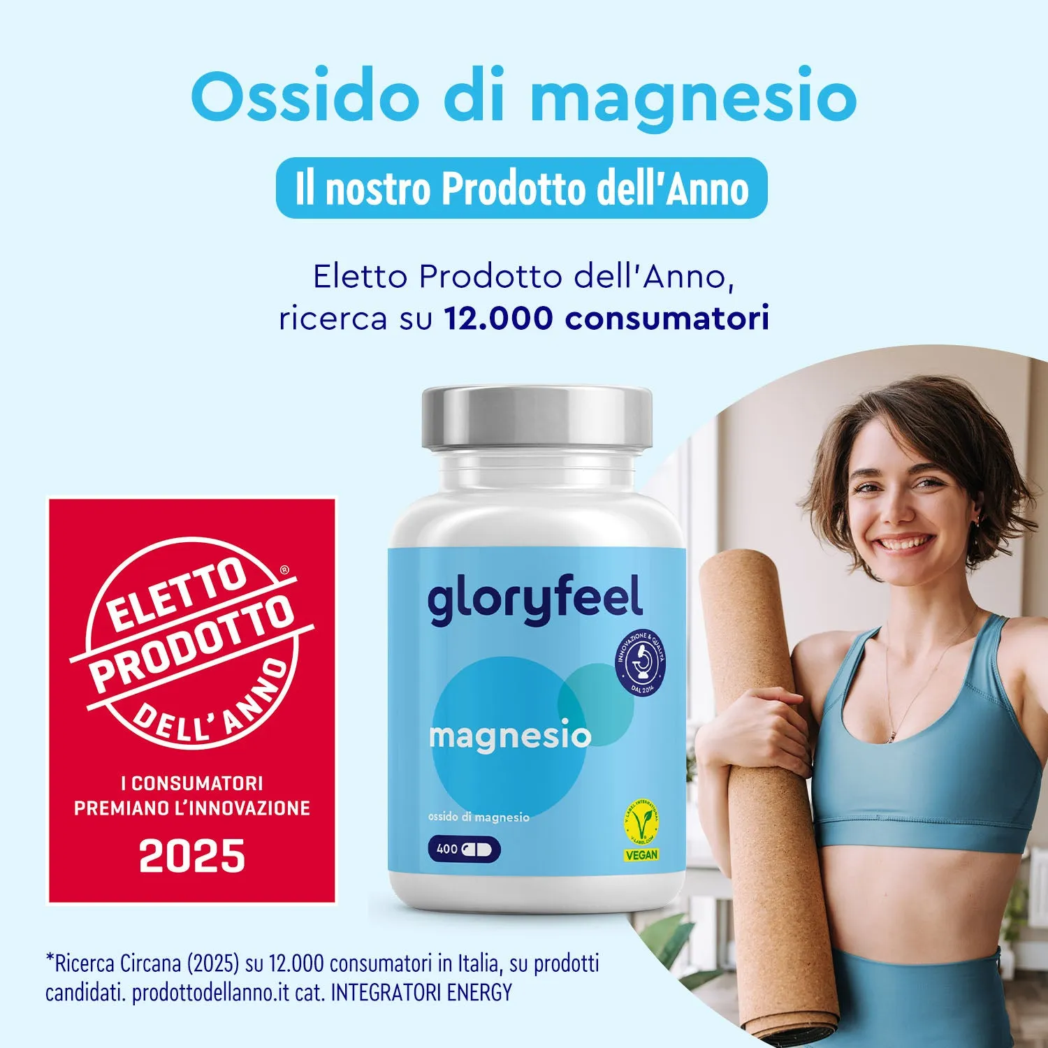 gloryfeel Magnesio Ossido 400 capsule vegane 200 mg scorta 6 mesi